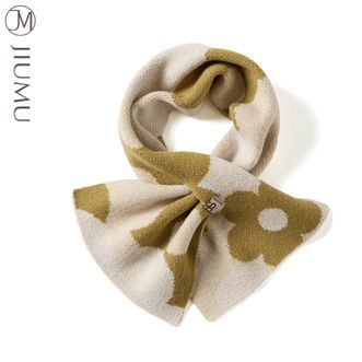 玖慕/JIUMU  纯羊毛小围巾女秋冬季百搭加厚保暖红色交叉针织提花护颈围脖 青橄榄