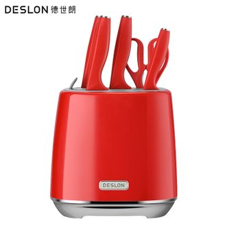 德世朗（DESLON）  奥格刀具六件套 厨房斩骨砍骨刀切片菜刀三德刀水果刀辅食刀剪刀带刀座刀具套装 红色