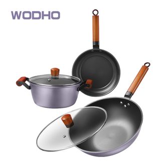 万德霍/WODHO  紫气东来三件套家用炊具套装优质精铁炒锅煎锅汤锅 WDH-G0240429
