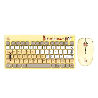 富德  无线键盘鼠标萌宠套装 1501 卡通动物印花 办公家用笔记本台式通用 低音便携短款无线套装 2.4G无线-电池款-键鼠套装 79键【黄色猫猫款】