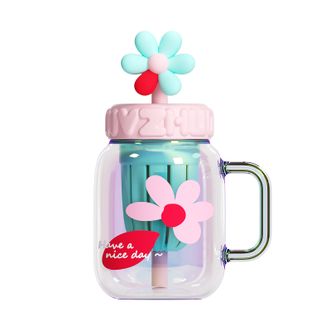 绿珠（lvzhu）   炫彩杯700ml 高颜值玻璃杯果茶杯吸管大容量带盖把手办公室杯子学生茶水分离水杯 落英缤粉