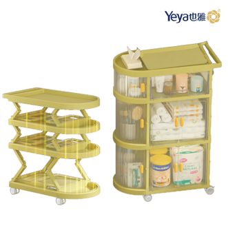 也雅（Yeya）  多功能折叠收纳车 收纳柜 手推车 1抽屉加2双开门 初棠緑加透明 ZG-552122T