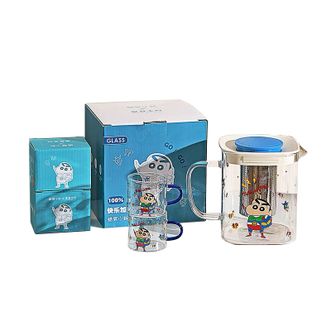 摩登主妇  蜡笔小新联名玻璃冷水壶套装  水壶1.25L+水杯100ml*2 蓝色款  水壶茶壶水杯泡茶壶冷水壶家用玻璃水壶用品