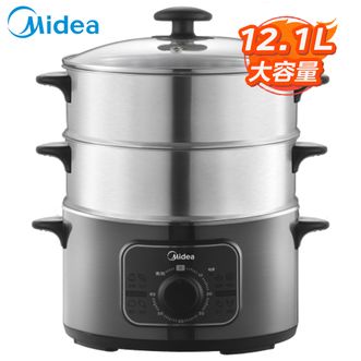 美的/Midea  电蒸锅  12.1L容量 旋钮调节 多功能蒸煮锅蒸包子锅煮蛋器上蒸下煮三层大容量不锈钢机身 【三层大容量】ZG26EASY401