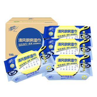 清风  厨房湿巾25片*4包 超大加厚尺寸 去油去污 抽取式厨房用纸 箱装BWB25KE（新老包装随机发）