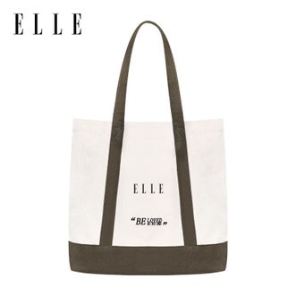Elle  时尚高颜值拼色帆布包 大容量轻便手提包 米白色  ELFBB-003