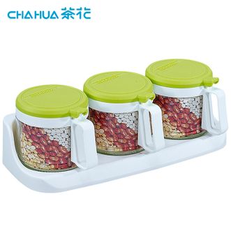 茶花（CHAHUA）三组圆形玻璃调味瓶300ml家用厨房调料盒带盖玻璃盐罐味精瓶家用调味罐6016（颜色随机发）