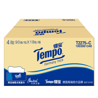 得宝（TEMPO）抽纸无香4层加厚90抽*18包湿水柔韧 纸巾 餐巾纸 卫生纸整箱 T2275-18B