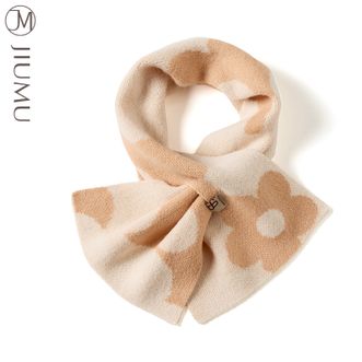 玖慕/JIUMU  纯羊毛小围巾女秋冬季百搭加厚保暖红色交叉针织提花护颈围脖 暖城橘