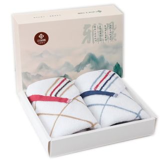 洁丽雅/Grace  毛巾国风礼盒2条装 纯棉洗脸巾加厚毛巾礼盒 情侣毛巾 76*34 棕色+兰色 100g