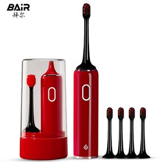拜尔（BAIR）  声波电动牙刷 扫振3D声波深度清洁全身防水持久续航口腔护理震动杜邦细软刷毛洁牙护牙洁牙器-小白001（4刷头+按摩刷头+洗涮杯）红色