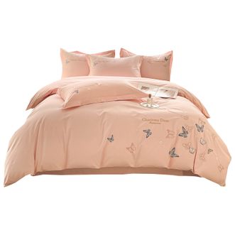 凯诗风尚  全棉素色刺绣四件套床上用品床单被套枕套蝴蝶奶油粉
