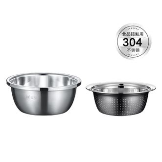 双枪（Suncha）  和面盆家用厨房加厚打蛋洗菜沥水篮漏盆汤盆铁盆 【盆筛两件】实盆28cm+漏盆26cm