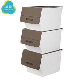 茶花  塑料衣物收纳箱 3只装 棉被整理箱 翻盖斜口前开式储物箱 34L 咖色