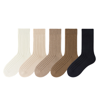 Caramella  袜子女秋冬男士中筒长袜黑色运动男袜白色女士女袜情侣长筒厚棉袜 粗线奶白色情侣长筒袜5双装-1 均码