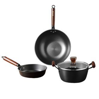 炊大皇（COOKER KING）  锤纹老铁锅三件套炒锅30cm+煎锅22cm+汤锅22cm