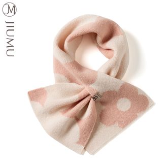 玖慕/JIUMU  纯羊毛小围巾女秋冬季百搭加厚保暖红色交叉针织提花护颈围脖 粉米白