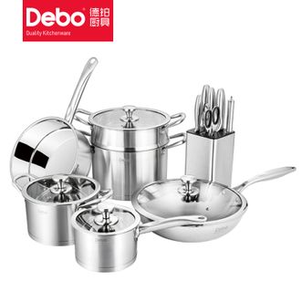 德铂（Debo）瓦尔登堡双层蒸锅汤锅奶锅炒锅煎锅 不锈钢厨具刀具13件套餐DEP-381