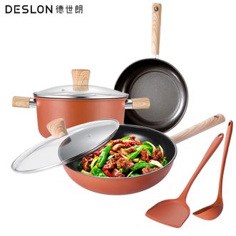德世朗（DESLON）  不粘锅鸿运0氟陶瓷锅具30cm炒锅24cm汤锅24cm煎锅硅胶铲硅胶汤勺厨房烹饪用具锅具套装5件套