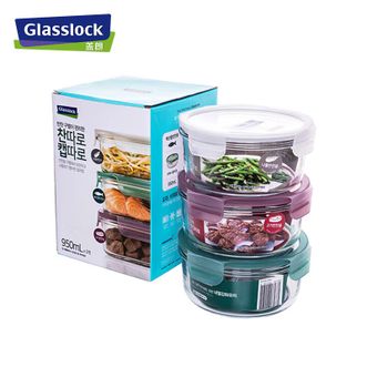 Glass Lock  进口钢化玻璃保鲜盒 上班族带饭微波炉加热食品级饭盒 圆形 3件套