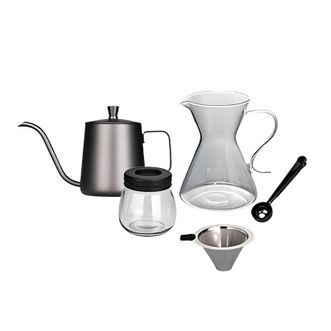 摩登主妇  手冲咖啡壶5件套  不锈钢咖啡壶350ml+玻璃咖啡滤壶500ml+滤网*1+咖啡罐*1+量勺*1  家用咖啡壶用具用品