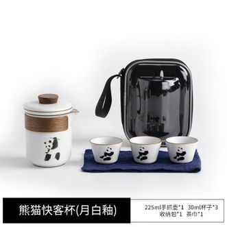 一品仟堂  旅行茶壶快客杯陶瓷户外露营一壶三杯茶具套装 熊猫旅行茶具-月白釉