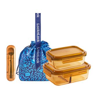 乐扣乐扣（LOCK&amp;LOCK）  家用品莱茵灵动方形保鲜盒四件套琥珀色LCB222FU