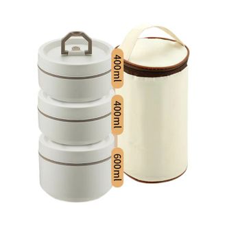 栢士德/BYSTON  304食品级不锈钢三层保温 饭盒+保温袋1400ML 米色三层独立饭盒BST-142